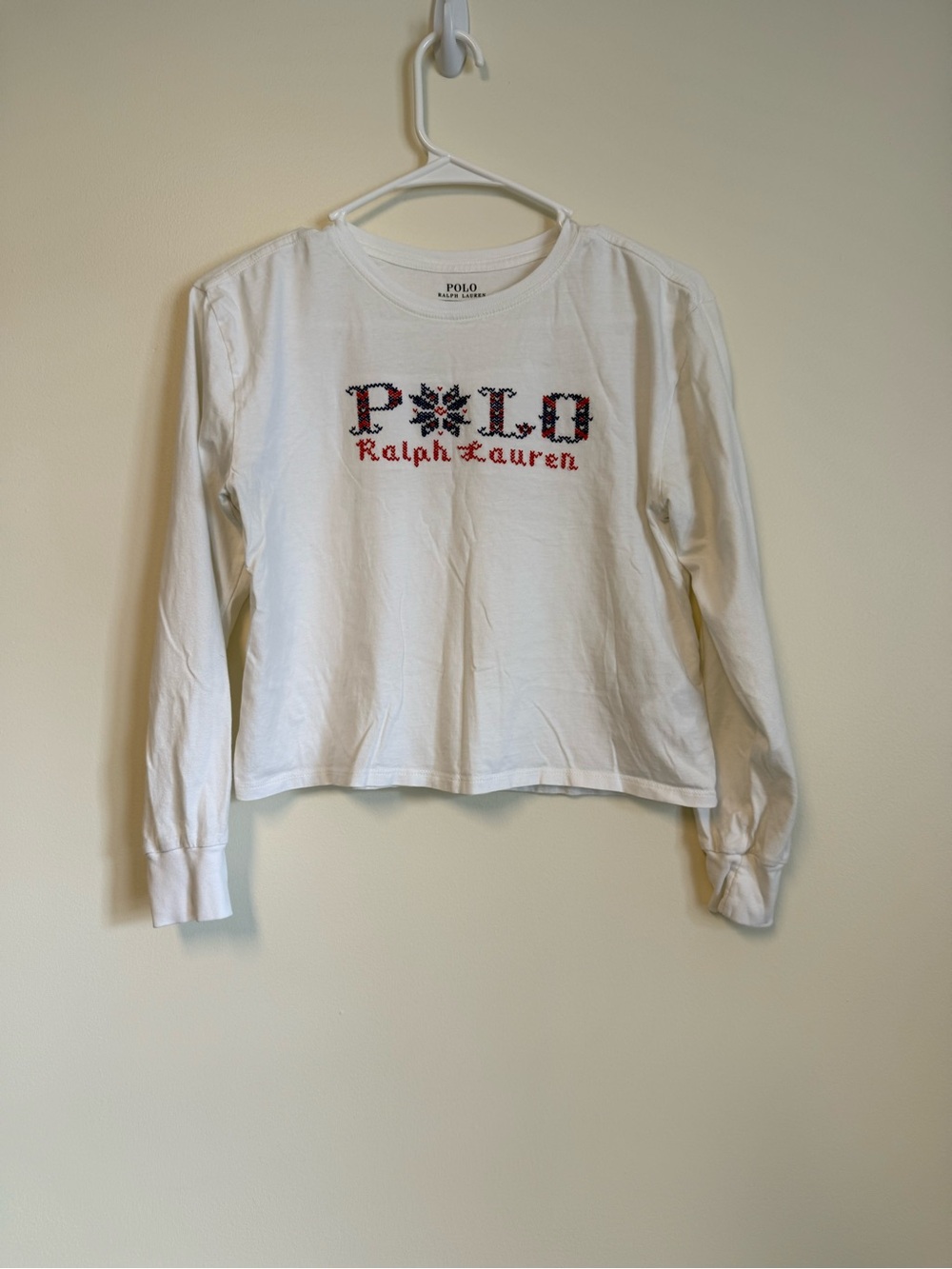 Polo by Ralph Lauren White Long-Sleeve Tee with Red & Navy Embroidered Logo